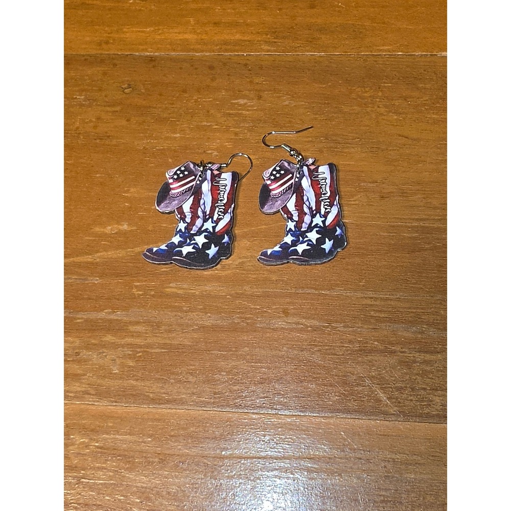 Patriotic American Flag Cowboy Boot Wooden Drop Earrings Western Americana